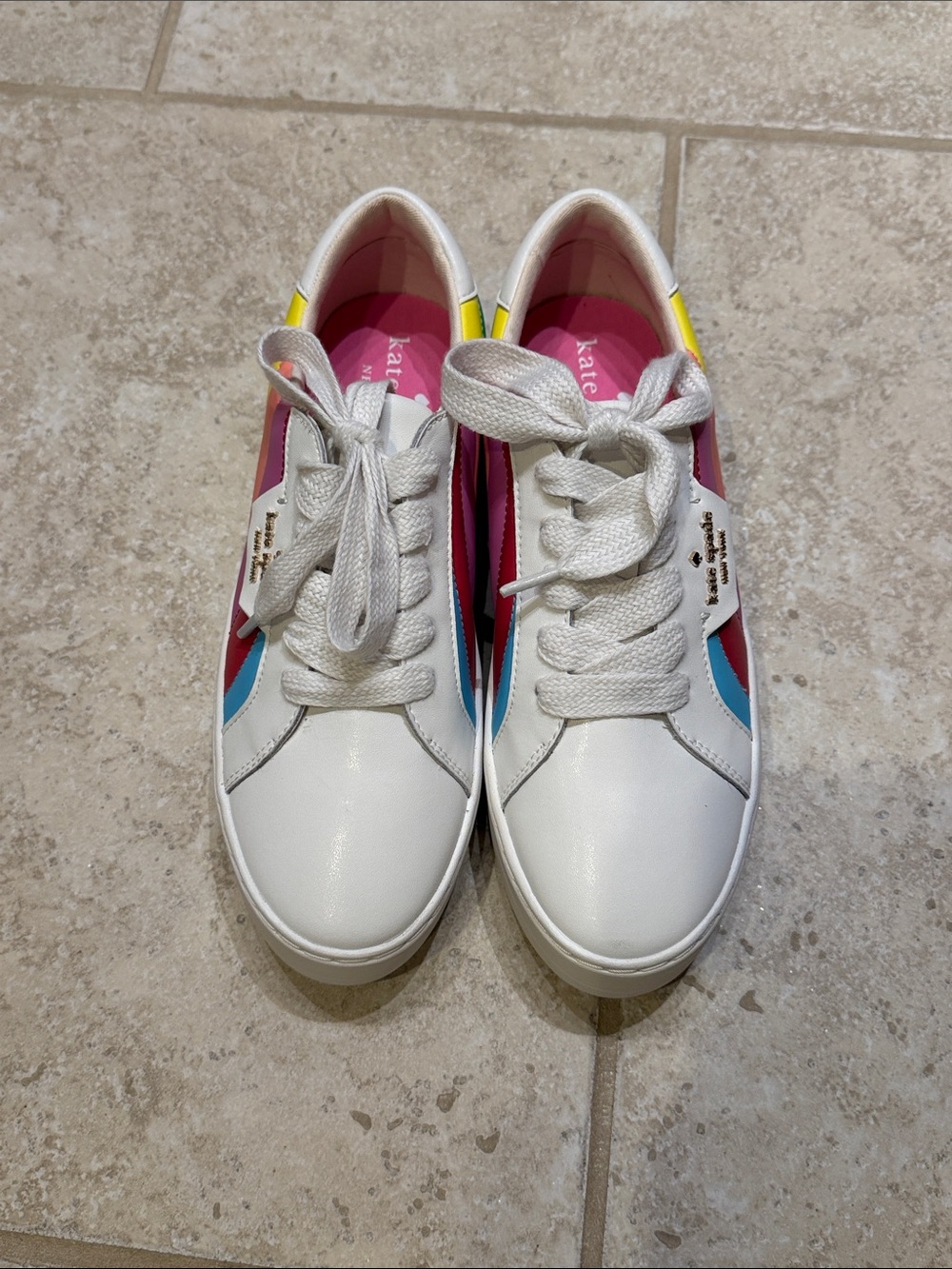 kate spade White Leather Sneakers with Pink, Blue & Yellow Accents